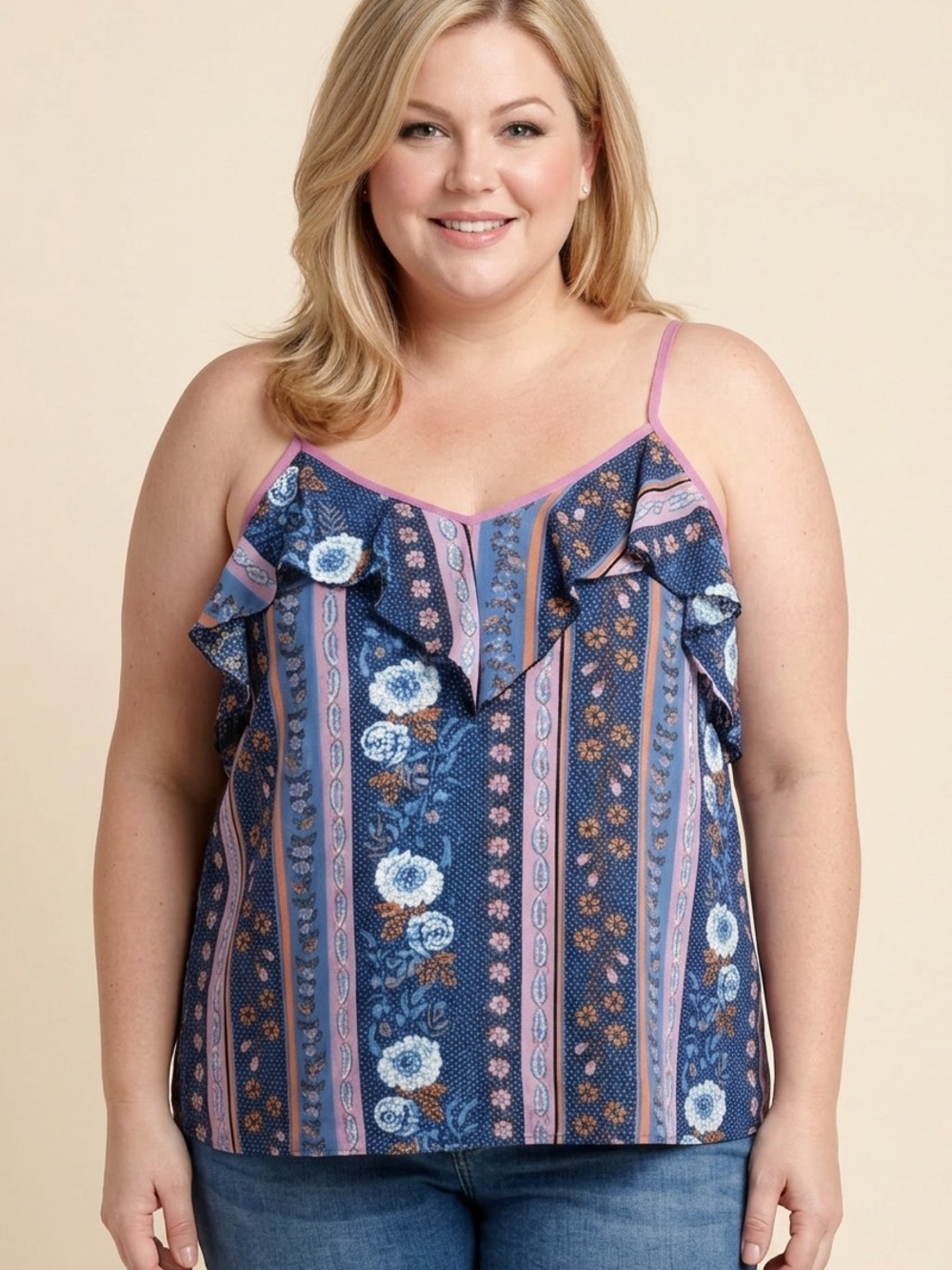 NWT | 3X | HAPTICS | Flirty Floral Ruffle Cami Tank Top in Navy and Lavender